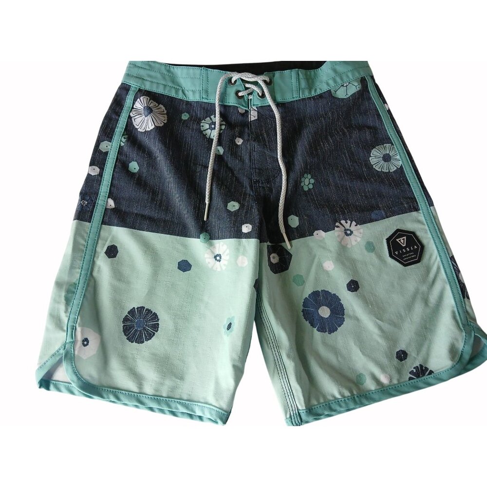 Vissla Boys Green Blue Floral Print Boardshorts Size 25 Flat Waist Pocket Shorts